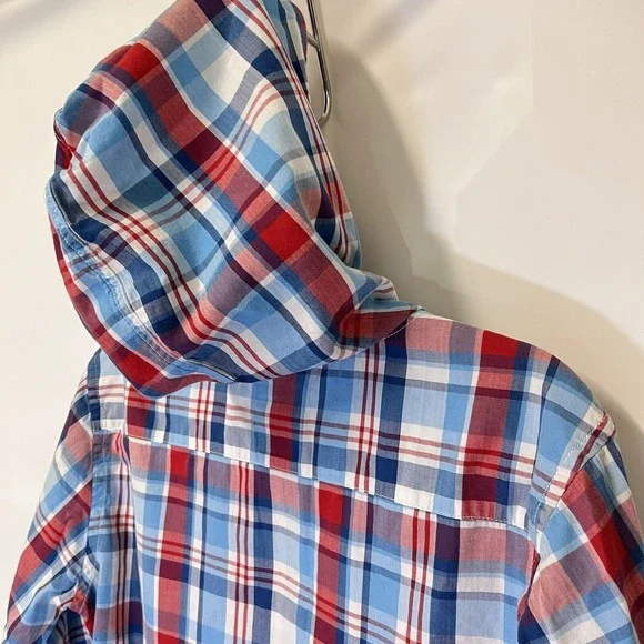 Levis Modern Fit Hooded Button Up L/S Shirt Mens Medium Red White Blue Plaid - Picture 7 of 16
